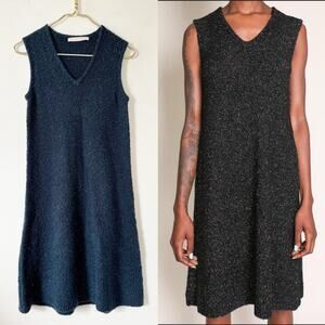Creatures of Comfort Navy Gold Lurex Wool V-Neck Sleeveless Sweater Dress XS